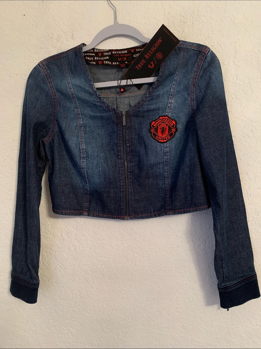 NWT True Religion Blue Denim Cropped Blazer with Red Patch Size XS